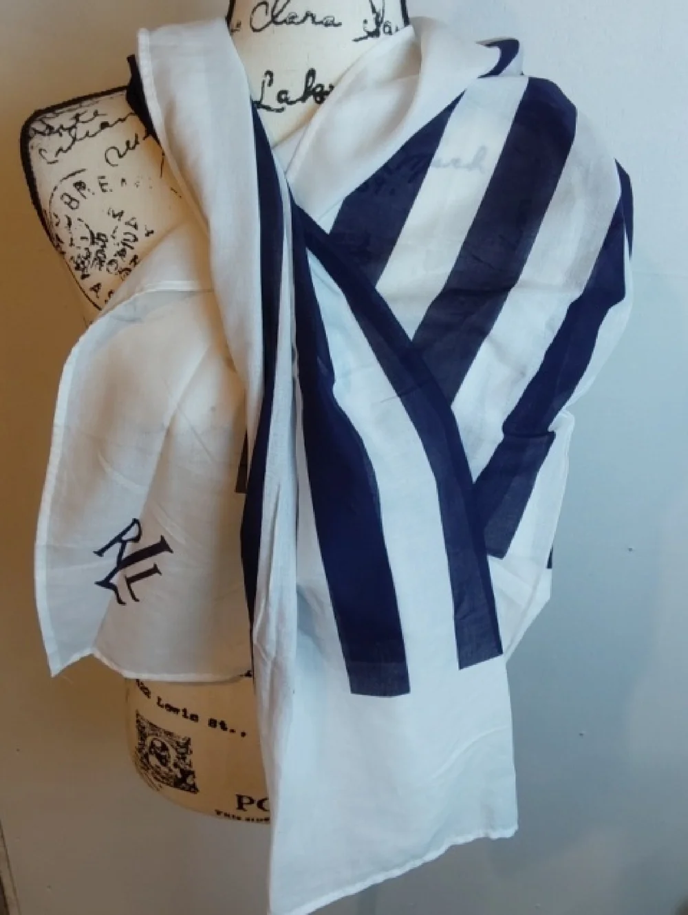 Lauren Ralph Lauren |Navy & White Vertical Stripe Coastal Monogram Cotton Scarf